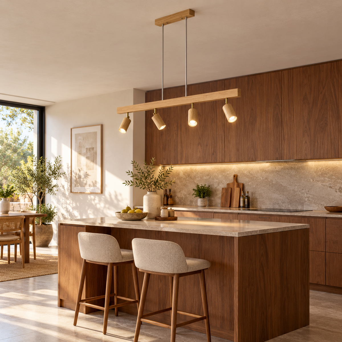 Natural wood pendant with 4 pivoting spotlights — front side far