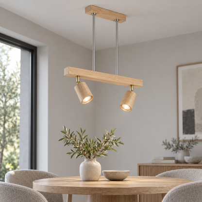 Beige wood pendant with pivoting spotlights, Beige wood | 2 lights · Length 45 cm, installed room photograph