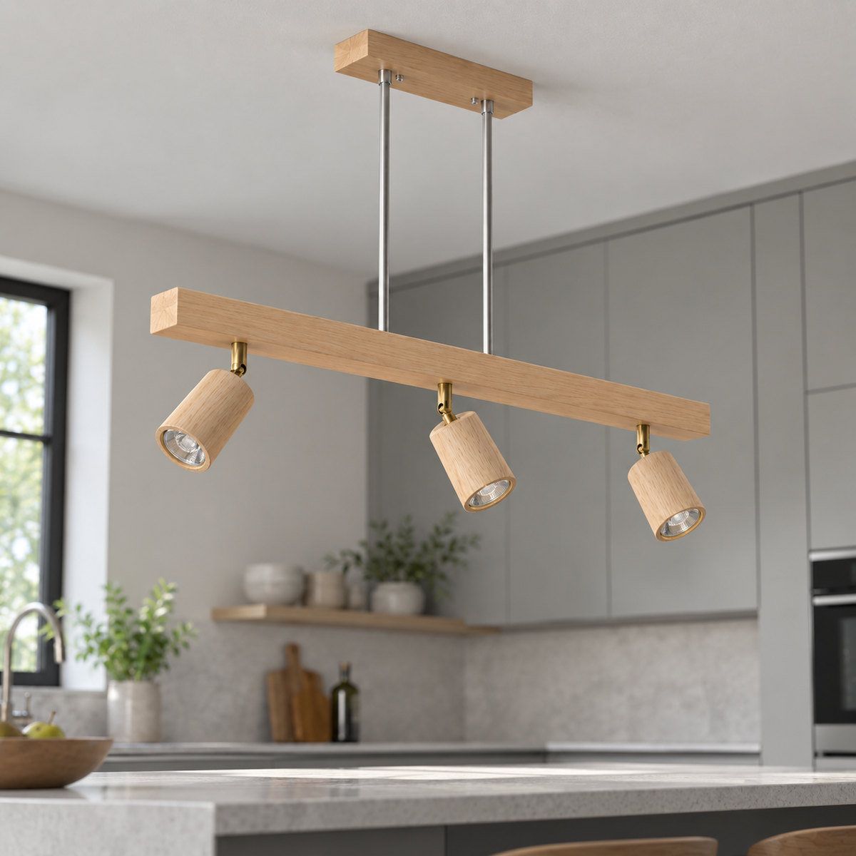 Beige wood pendant with pivoting spotlights, Beige wood | 3 lights · Length 80 cm, installed room photograph
