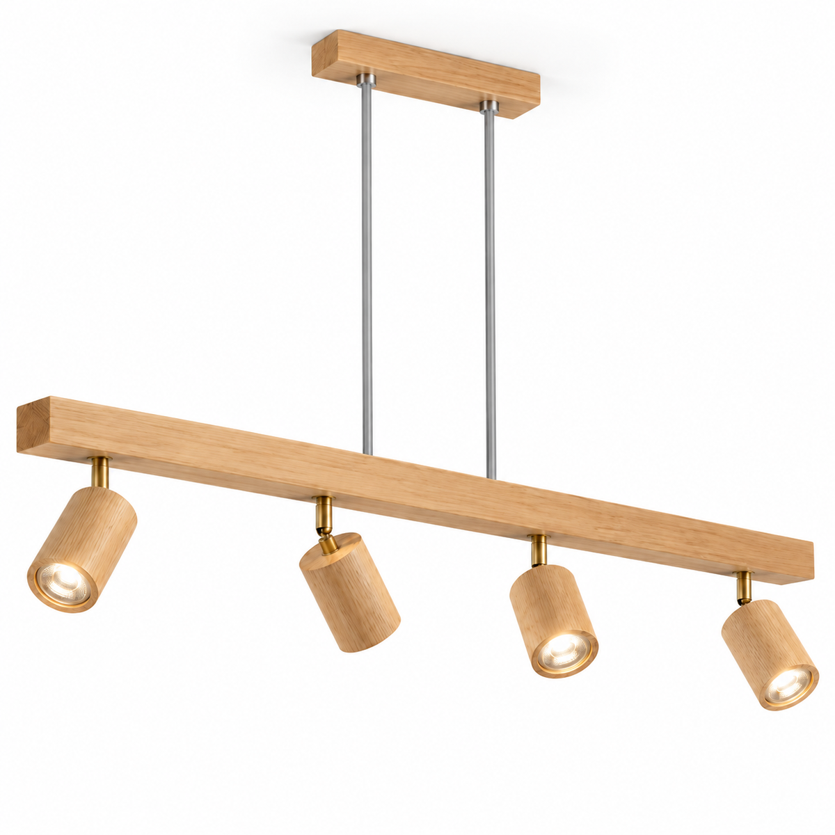 Beige wood pendant with 4 pivoting spotlights, 100 cm bar, on white background
