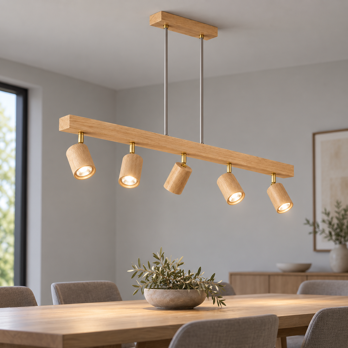 Beige wood pendant with pivoting spotlights, Beige wood | 5 lights · Length 120 cm, installed room photograph