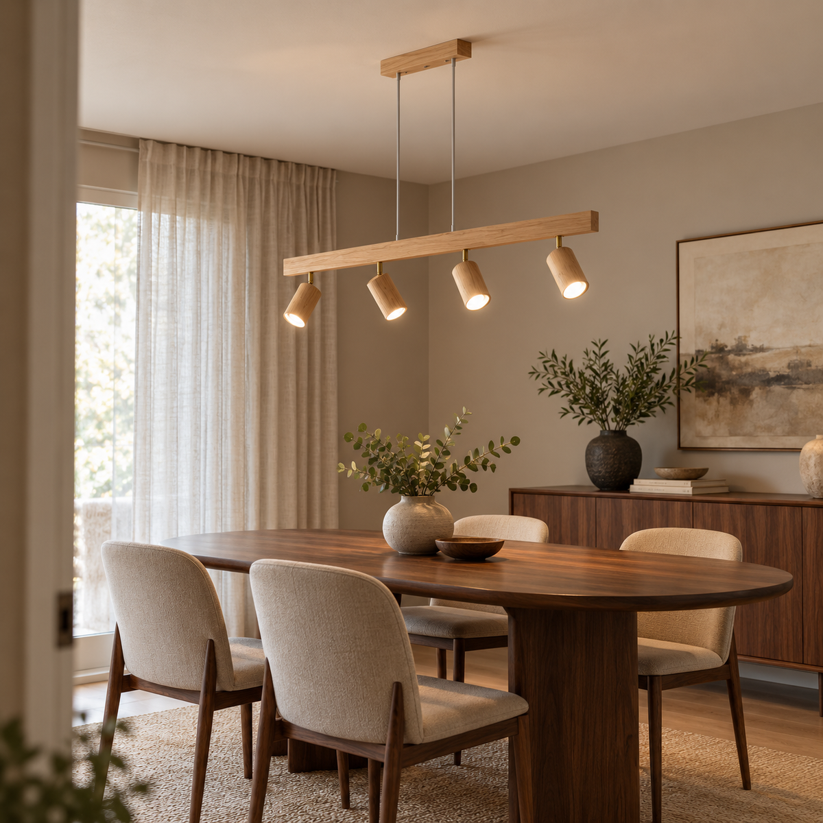 Natural wood pendant with 4 pivoting spotlights — side far