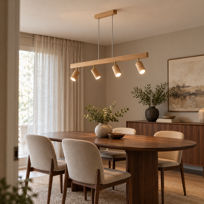 Natural wood pendant with 4 pivoting spotlights — side far