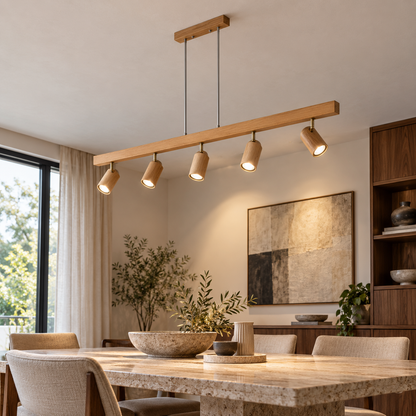 Natural wood pendant with 5 pivoting spotlights — underside distance