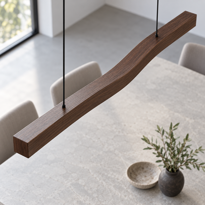 Elevated detail of the 120 cm brown wood-effect wave pendant, showing its upper surface and suspension cords