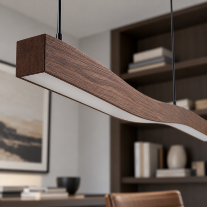 Brown wood-effect wave pendant in a modern interior: detail close