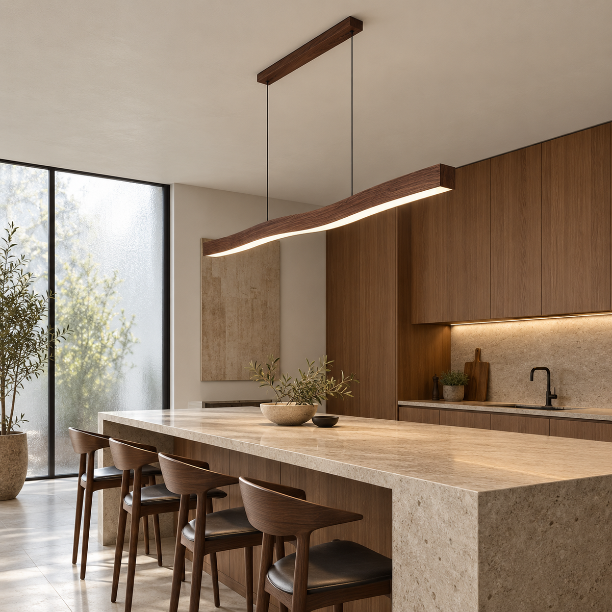 Brown wood-effect wave pendant in a modern interior: side far