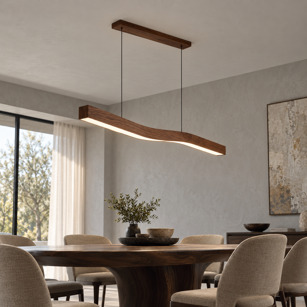 Brown wood-effect wave pendant in a modern interior: underside distance