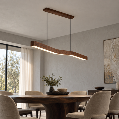 Brown wood-effect wave pendant in a modern interior: underside distance