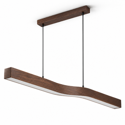 Brown wood-effect wave pendant, 120 cm, installed against a seamless white ceiling
