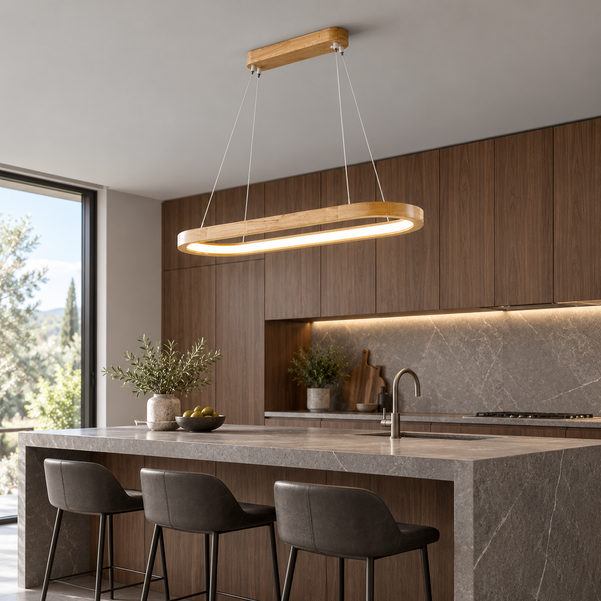 Solid wood oval pendant with an open centre — side far