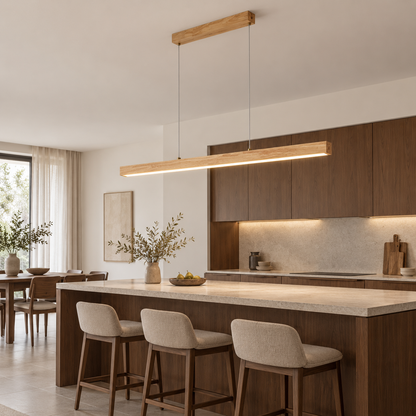 Natural rubberwood linear pendant — front side far