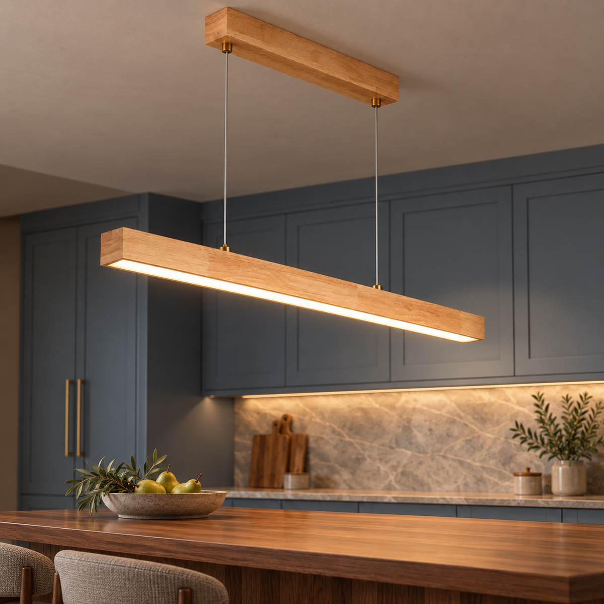 Slender rubberwood pendant for dining tables, Natural wood | Length 100 cm, installed room photograph