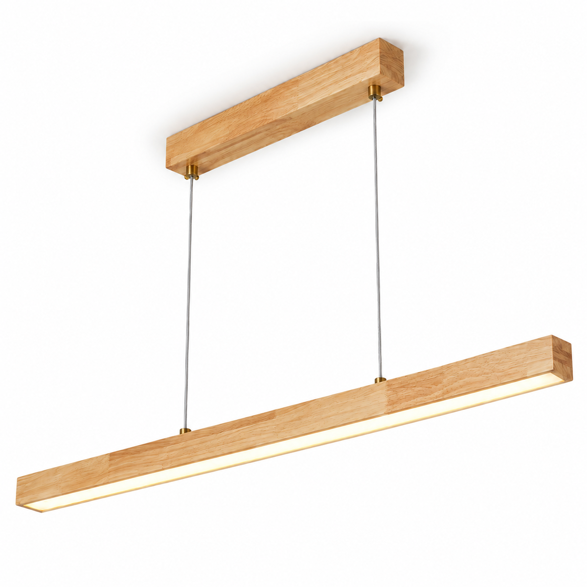 Rubberwood linear pendant, 120 cm length, lit on white background