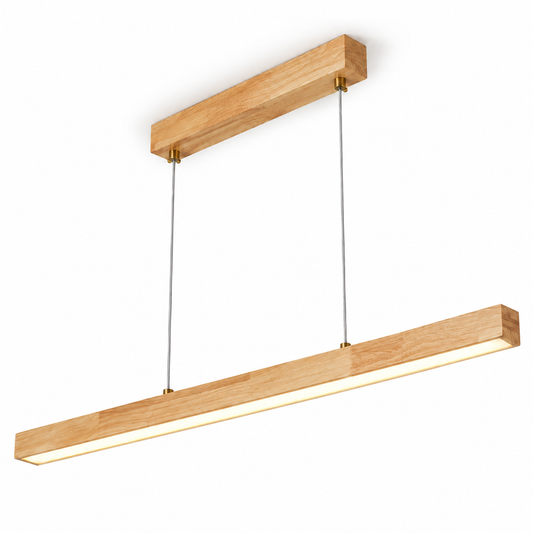 Rubberwood linear pendant, 120 cm length, lit on white background