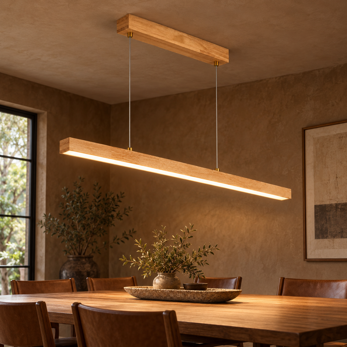 Slender rubberwood pendant for dining tables, Natural wood | Length 150 cm, installed room photograph