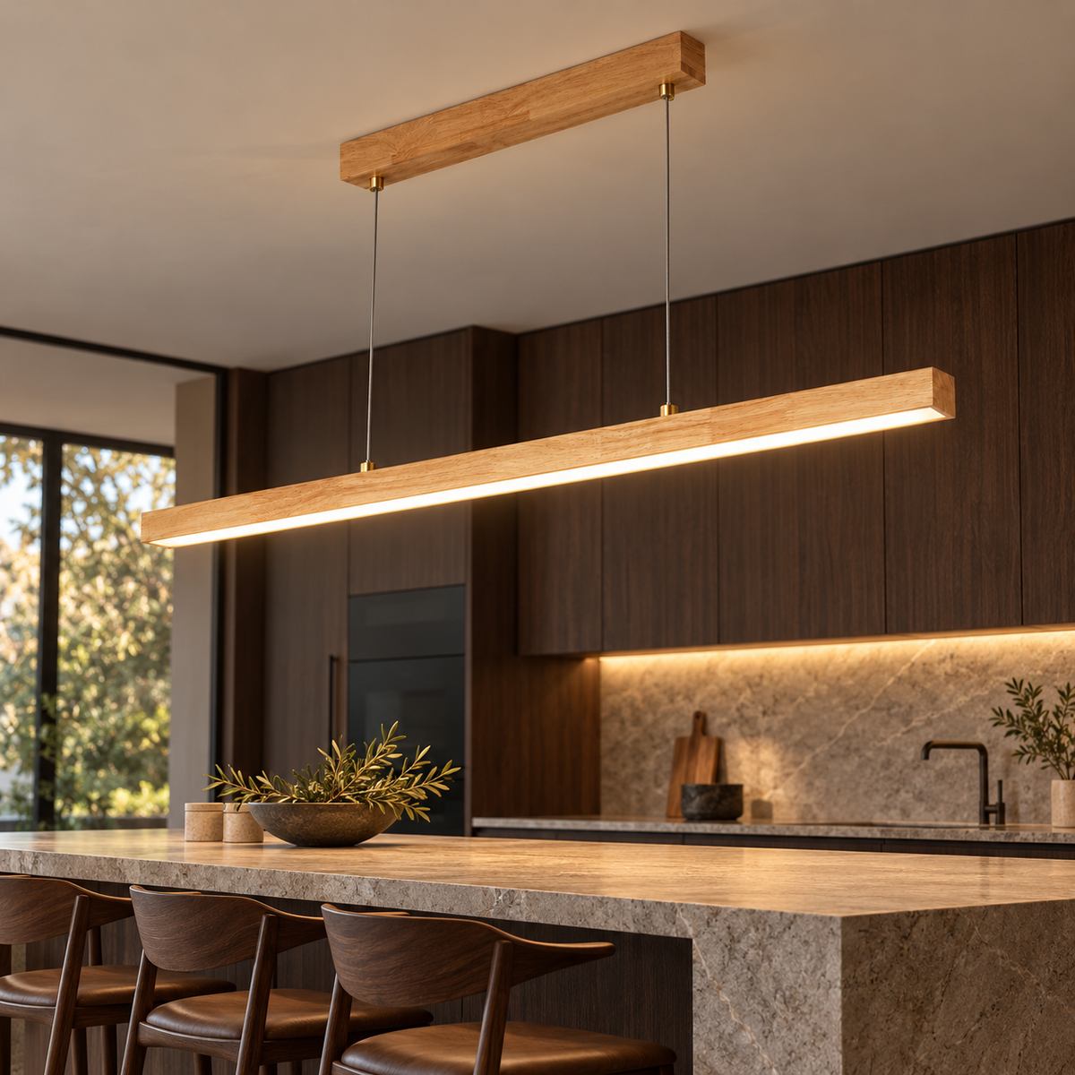 Slender rubberwood pendant for dining tables, Natural wood | Length 200 cm, installed room photograph
