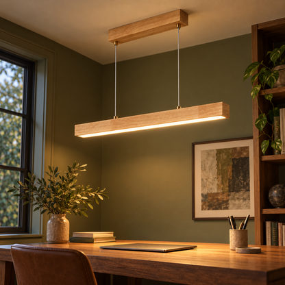 Slender rubberwood pendant for dining tables, Natural wood | Length 60 cm, installed room photograph