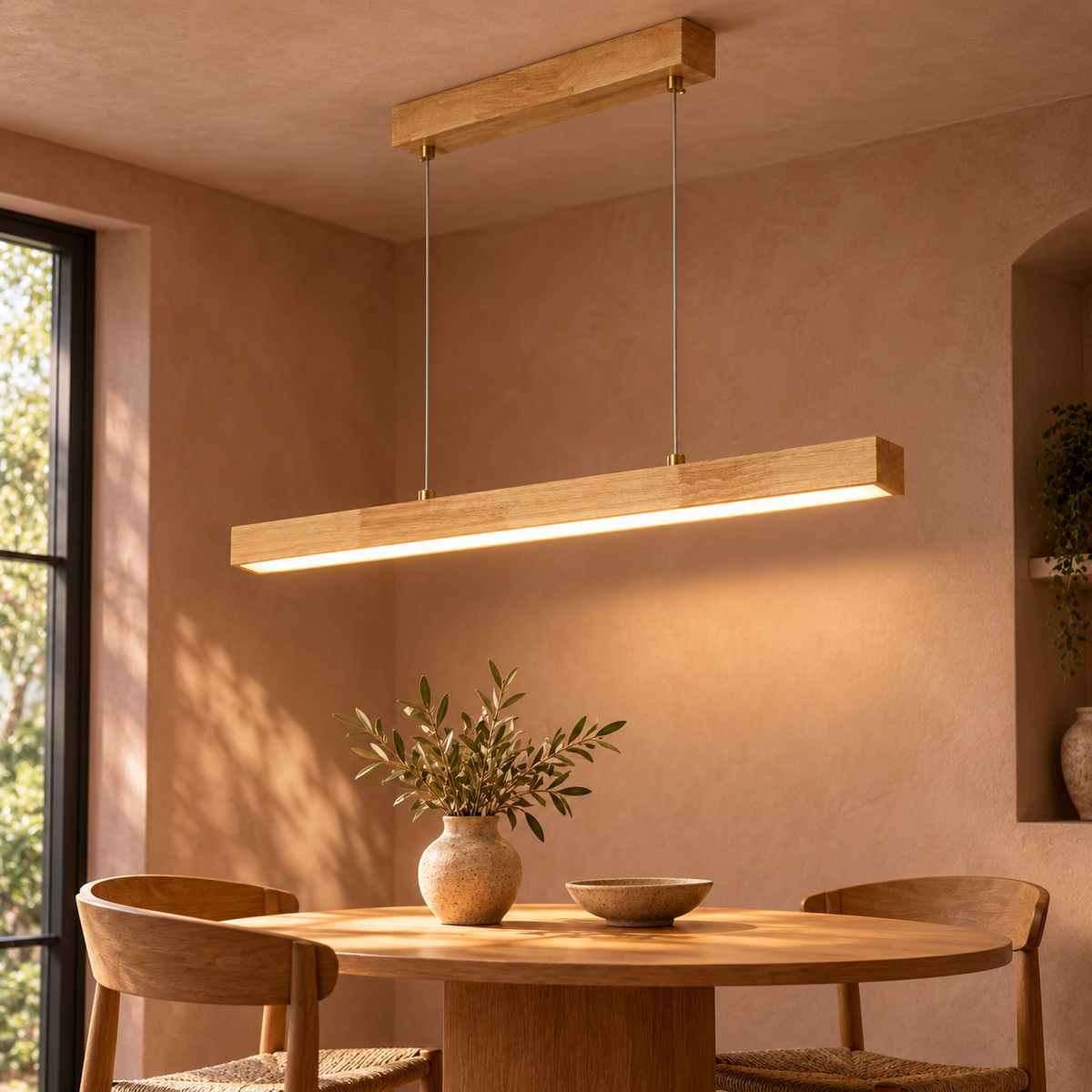 Slender rubberwood pendant for dining tables, Natural wood | Length 80 cm, installed room photograph