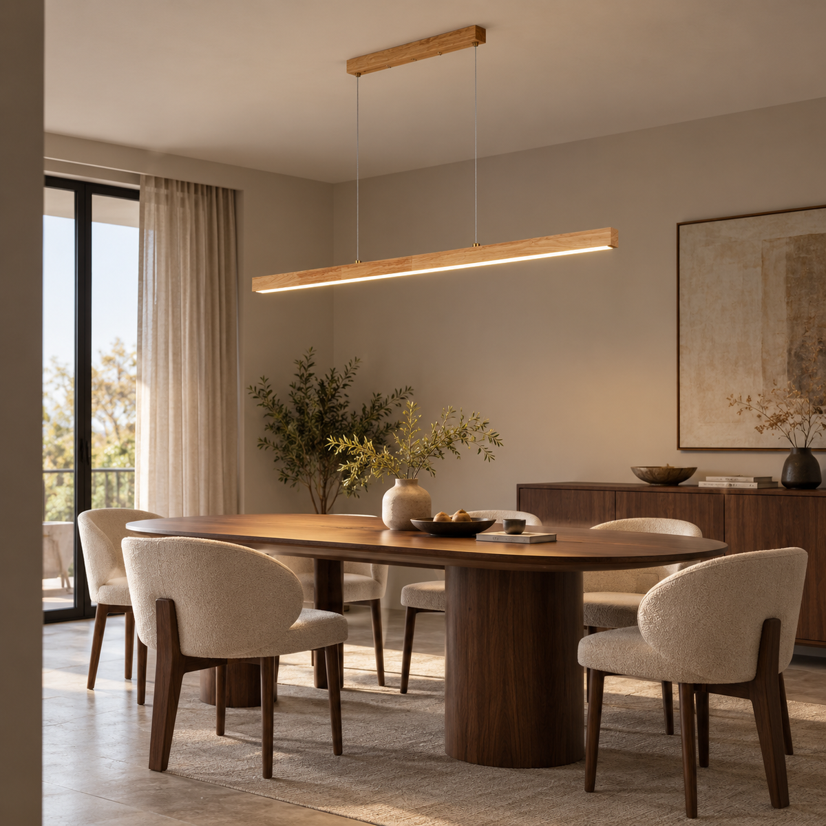 Natural rubberwood linear pendant — side far