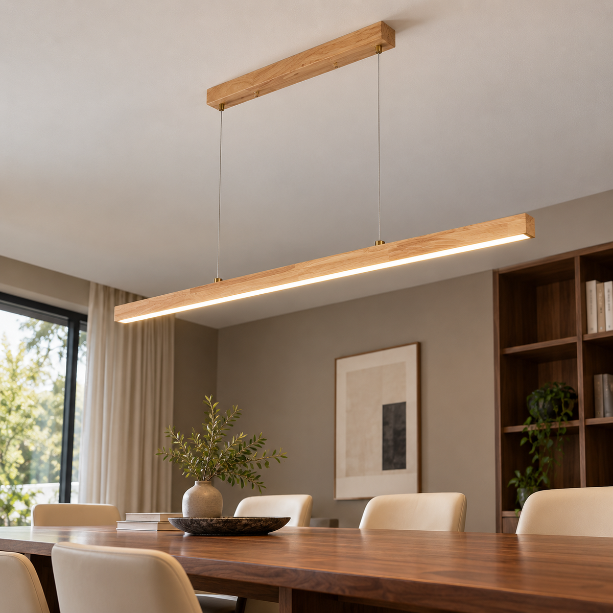 Natural rubberwood linear pendant — underside distance
