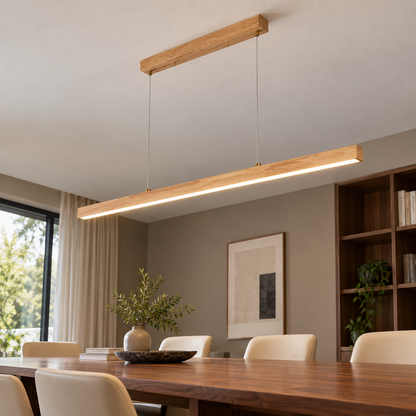 Natural rubberwood linear pendant — underside distance