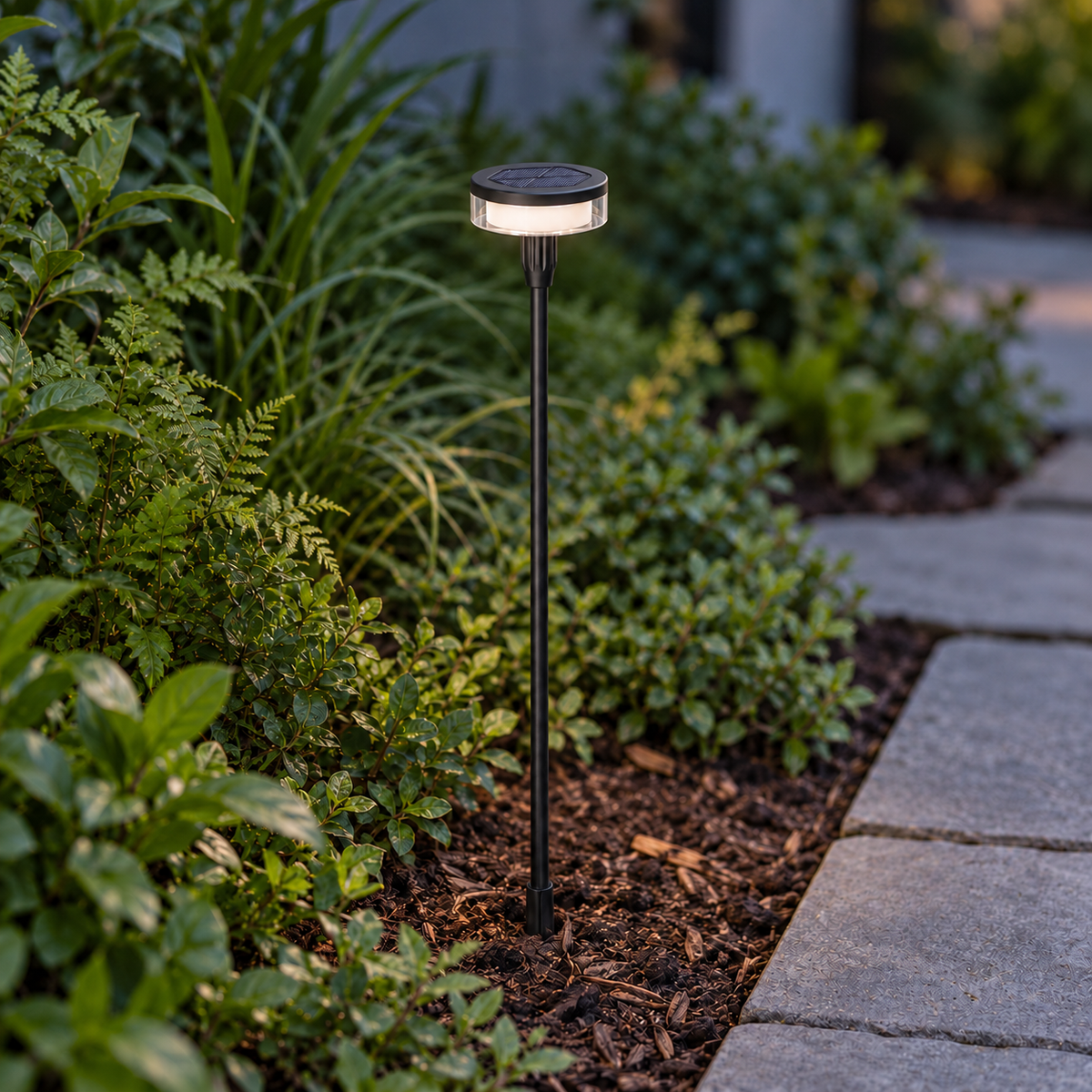 Swaying solar disc lights for garden borders, Black | 1 light · Height 83 cm, installed outdoor photograph