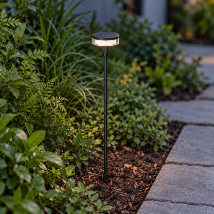 Swaying solar disc lights for garden borders, Black | 1 light · Height 83 cm, installed outdoor photograph