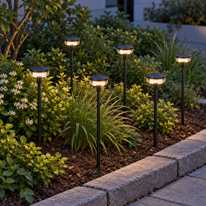 Swaying solar disc lights for garden borders, Black | 6 lights · Height 83 cm, installed outdoor photograph