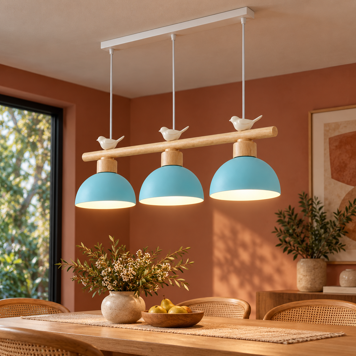 Woodland bird pendant with three dome shades, Blue | 3 lights · Length 80 cm, installed room photograph