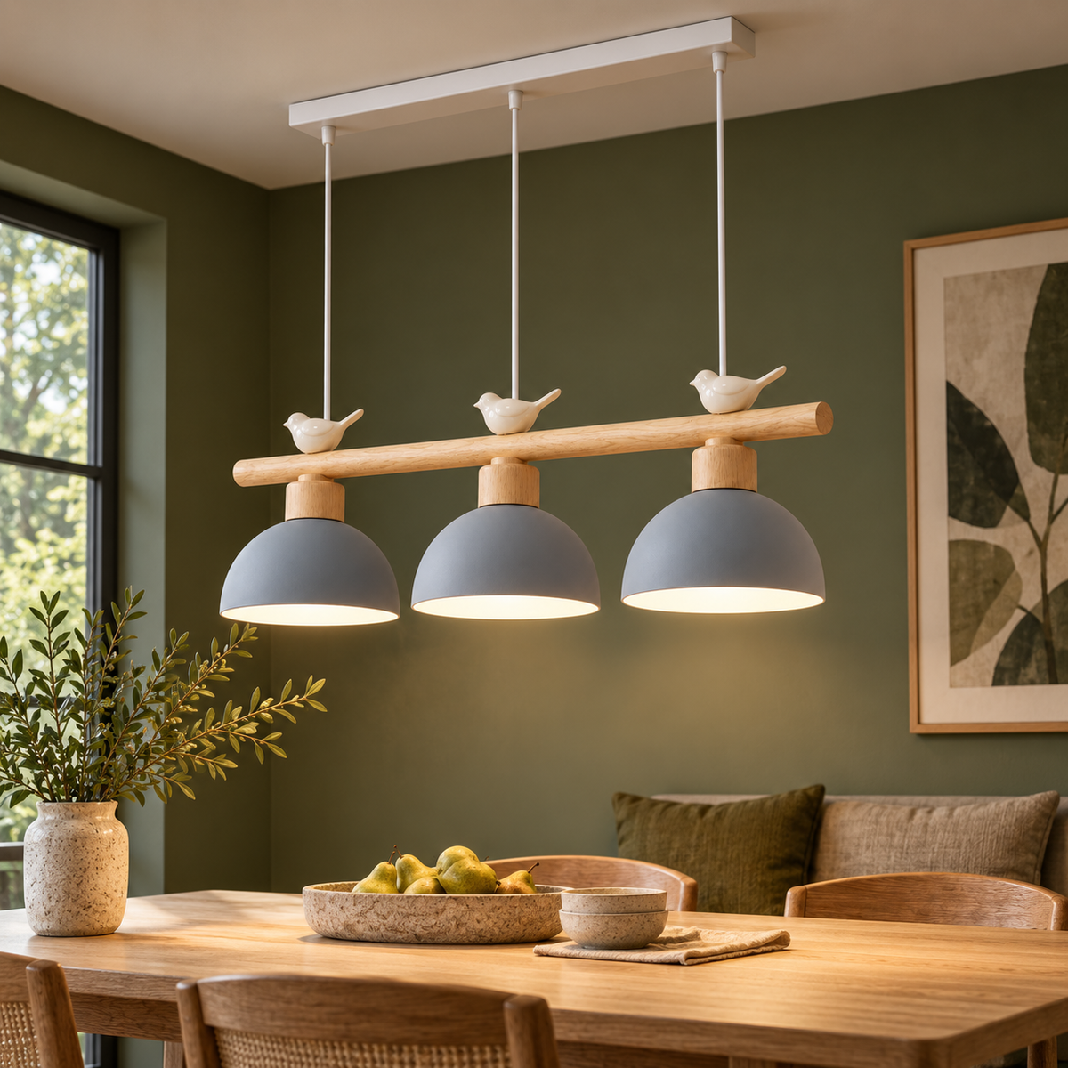 Woodland bird pendant with three dome shades, Grey | 3 lights · Length 80 cm, installed room photograph