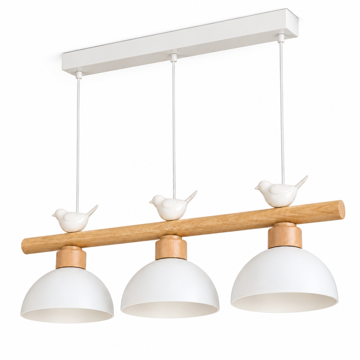 White woodland bird pendant with three white metal dome shades and a round wood bar on white background