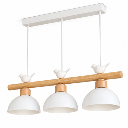 White woodland bird pendant with three white metal dome shades and a round wood bar on white background