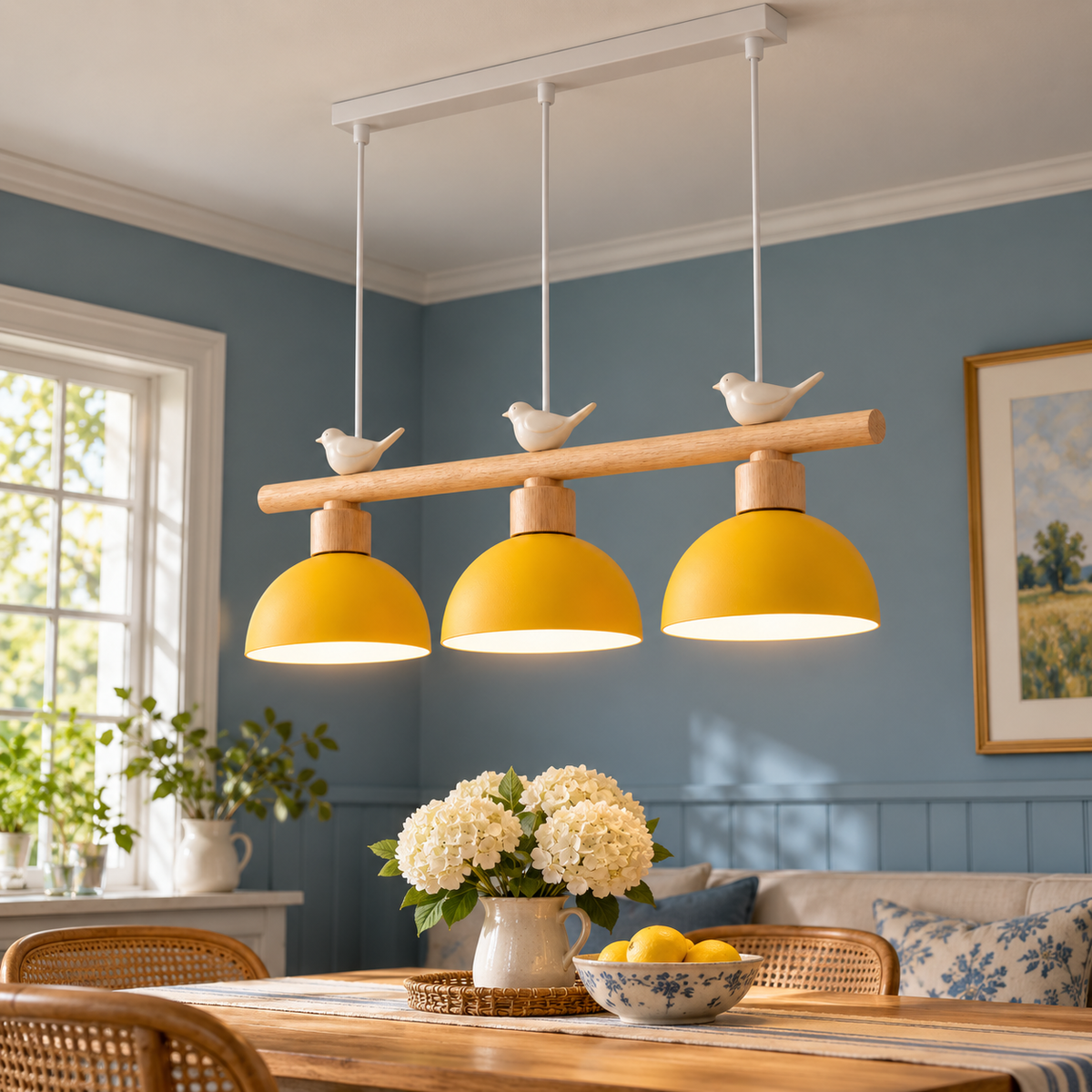 Woodland bird pendant with three dome shades, Yellow | 3 lights · Length 80 cm, installed room photograph