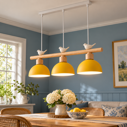 Woodland bird pendant with three dome shades, Yellow | 3 lights · Length 80 cm, installed room photograph