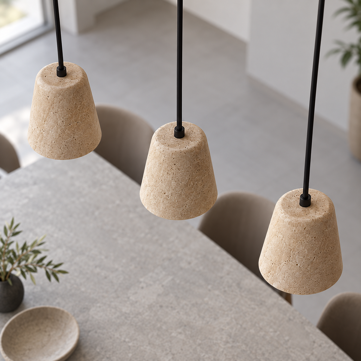 Elevated view of three matching tapered travertine pendant shades with walnut wood canopy, showing their upper surfaces