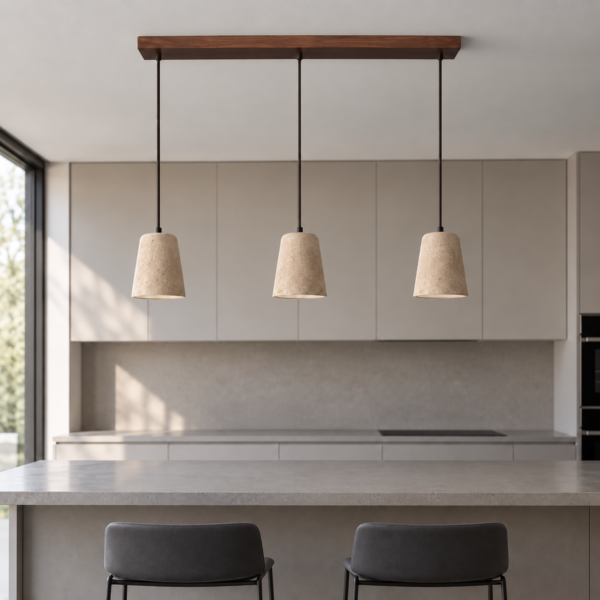 Front view of three travertine pendants and walnut wood canopy above a minimalist island