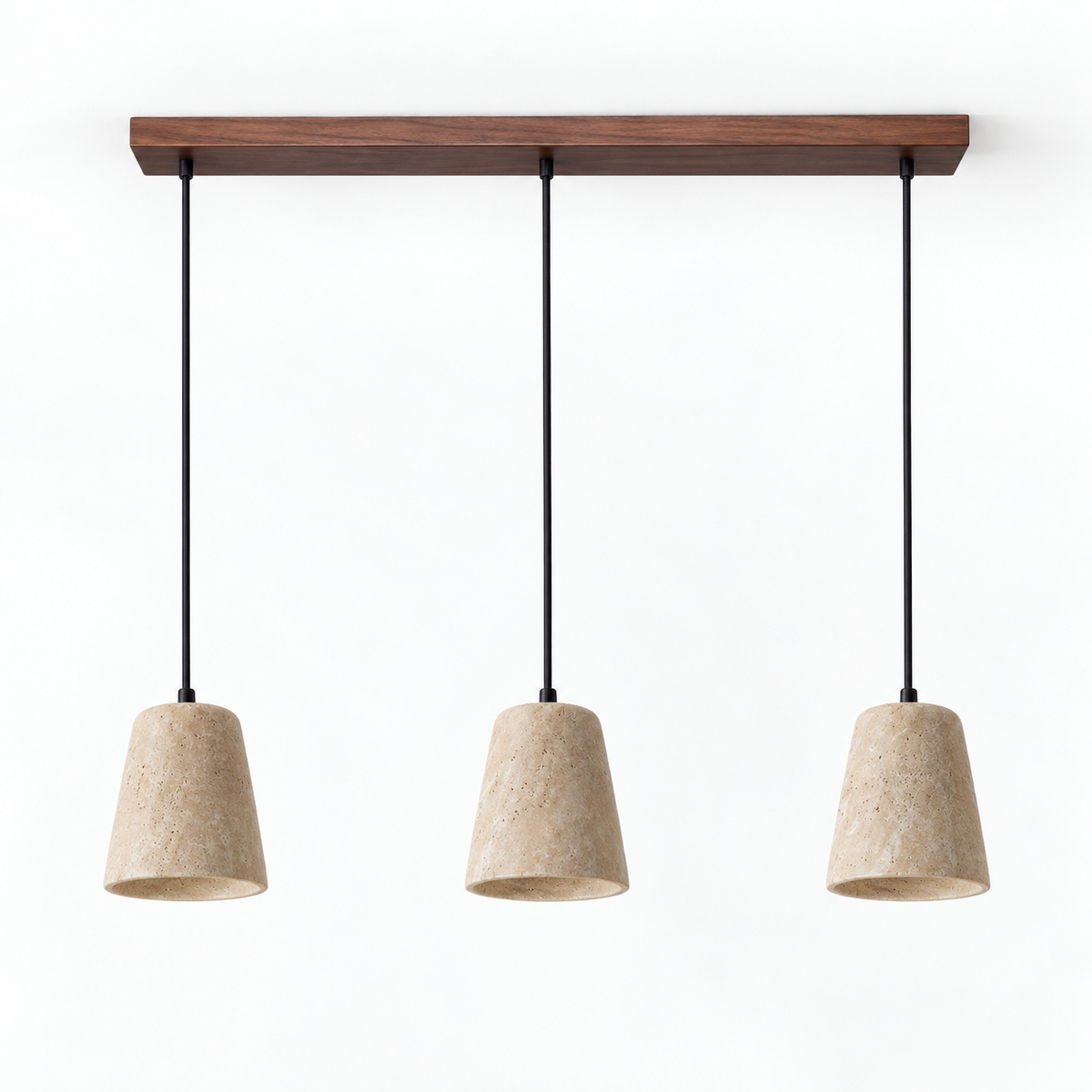 Three matching travertine pendant shades with walnut wood ceiling bar on a white catalog background