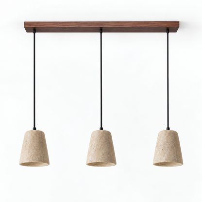 Three matching travertine pendant shades with walnut wood ceiling bar on a white catalog background