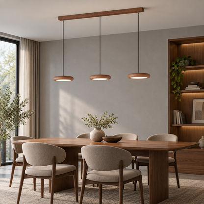 Slim disc pendant in a rich walnut effect finish — front far