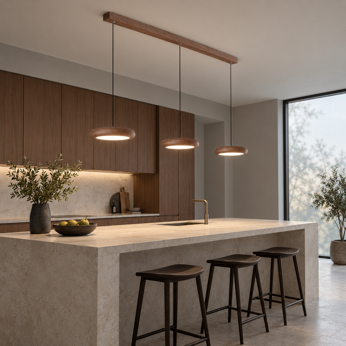 Slim disc pendant in a rich walnut effect finish — side far
