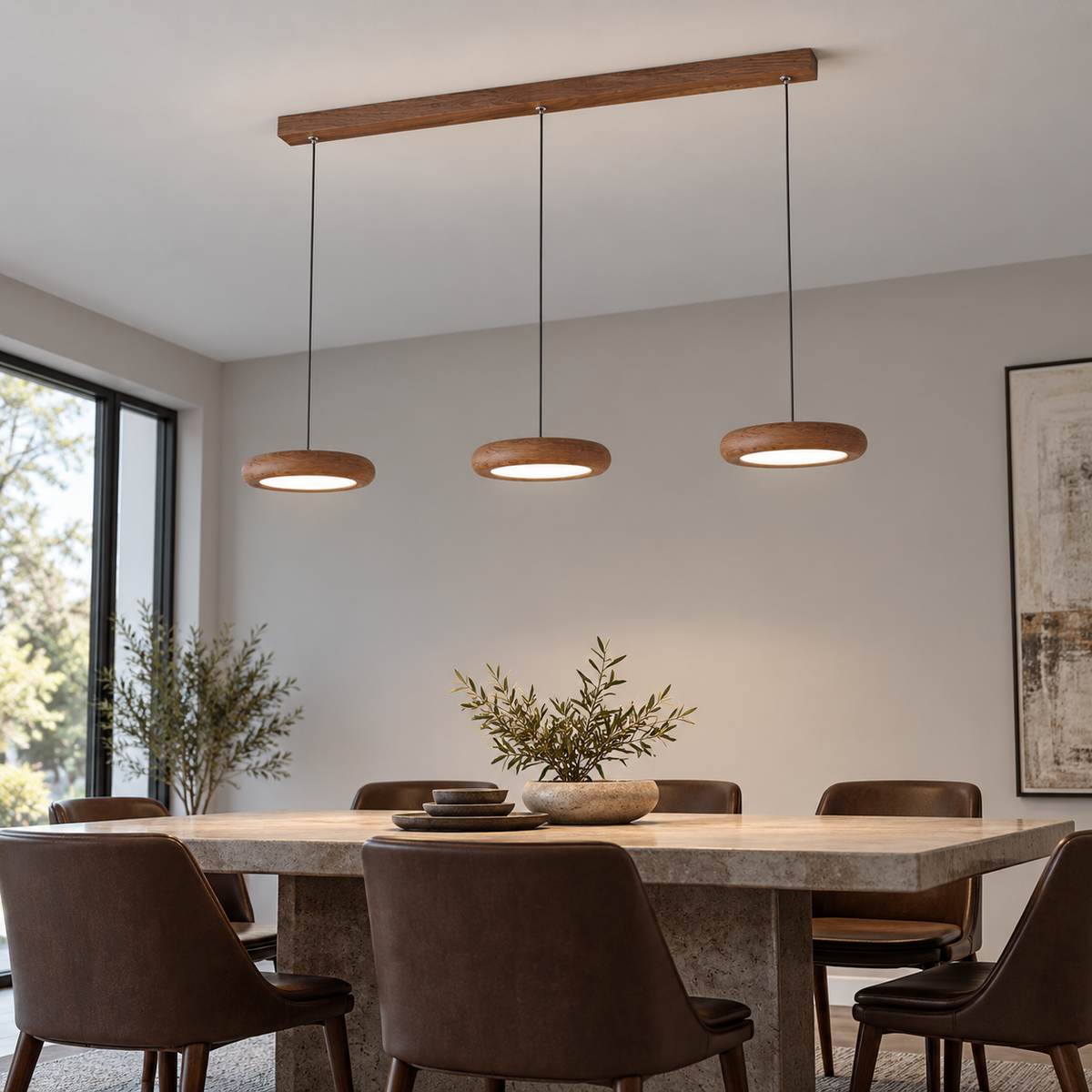 Slim disc pendant in a rich walnut effect finish — underside distance