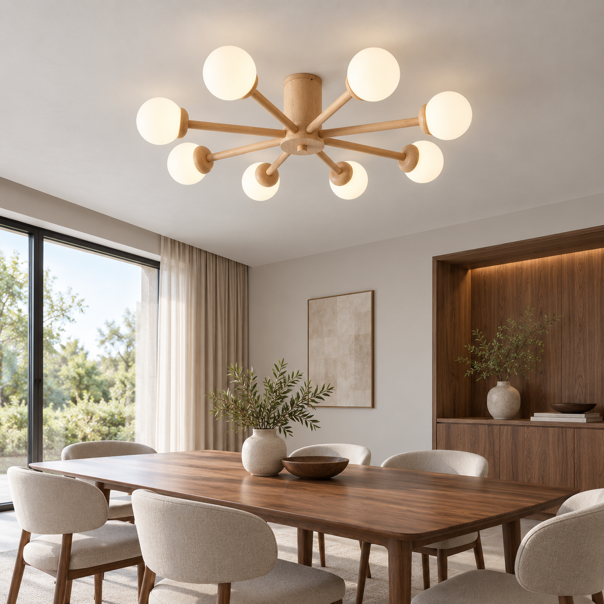 Branching wood ceiling light with frosted glass globes — front far