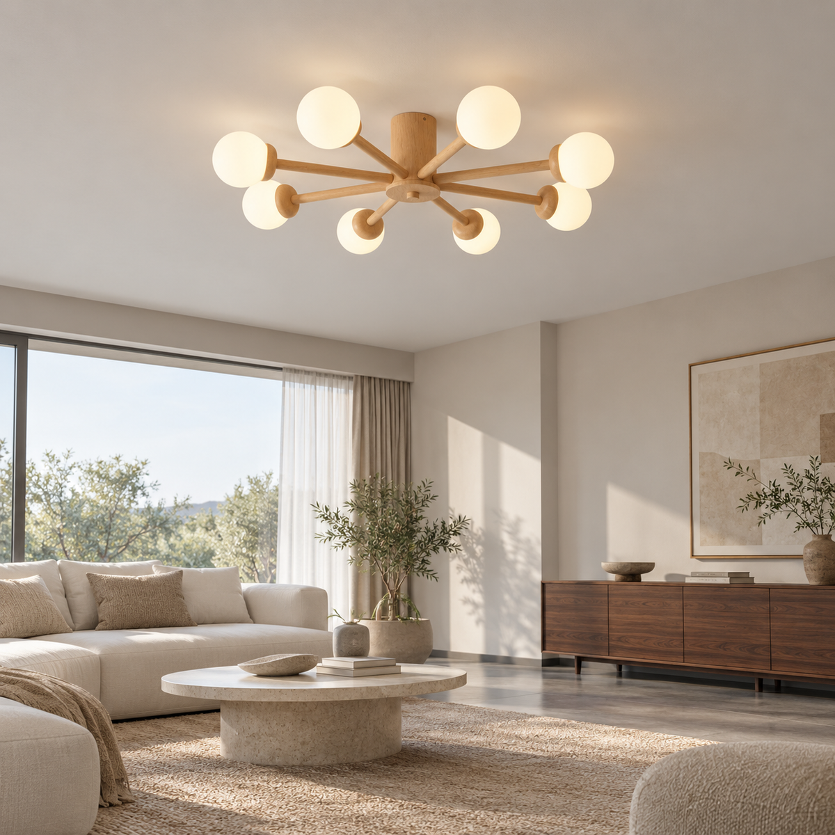Branching wood ceiling light with frosted glass globes — side far