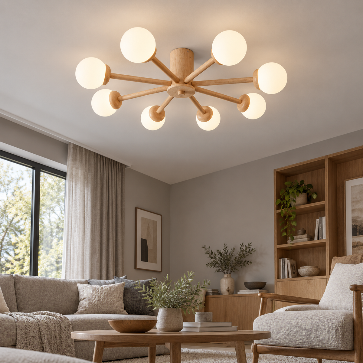 Branching wood ceiling light with frosted glass globes — underside distance