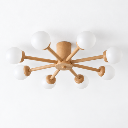 Branching wood ceiling light with frosted glass globes — white catalog