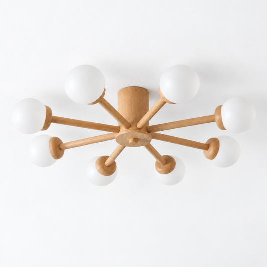 Branching wood ceiling light with frosted glass globes — white catalog