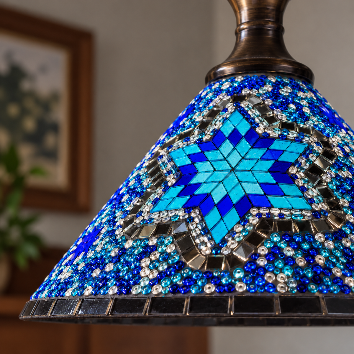 Blue geometric mosaic cone pendant — detail closeup