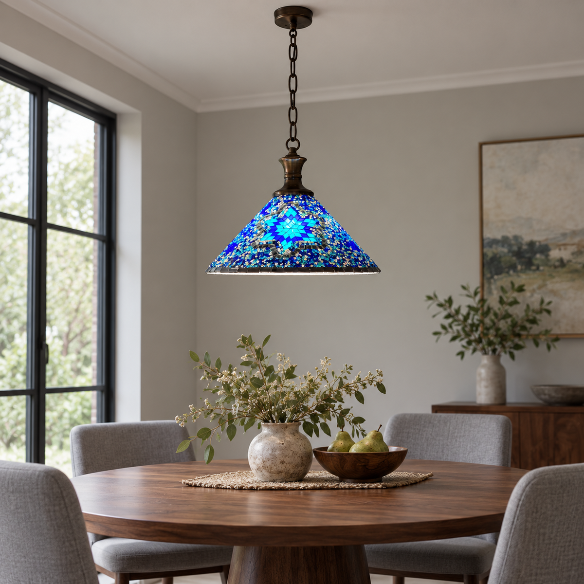 Blue geometric mosaic cone pendant — front distant installed