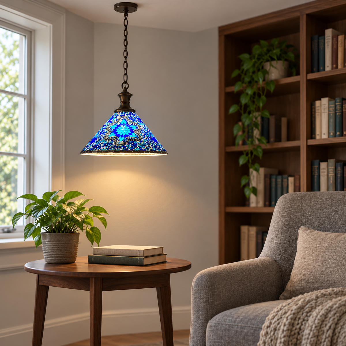 Blue geometric mosaic cone pendant — side distant installed